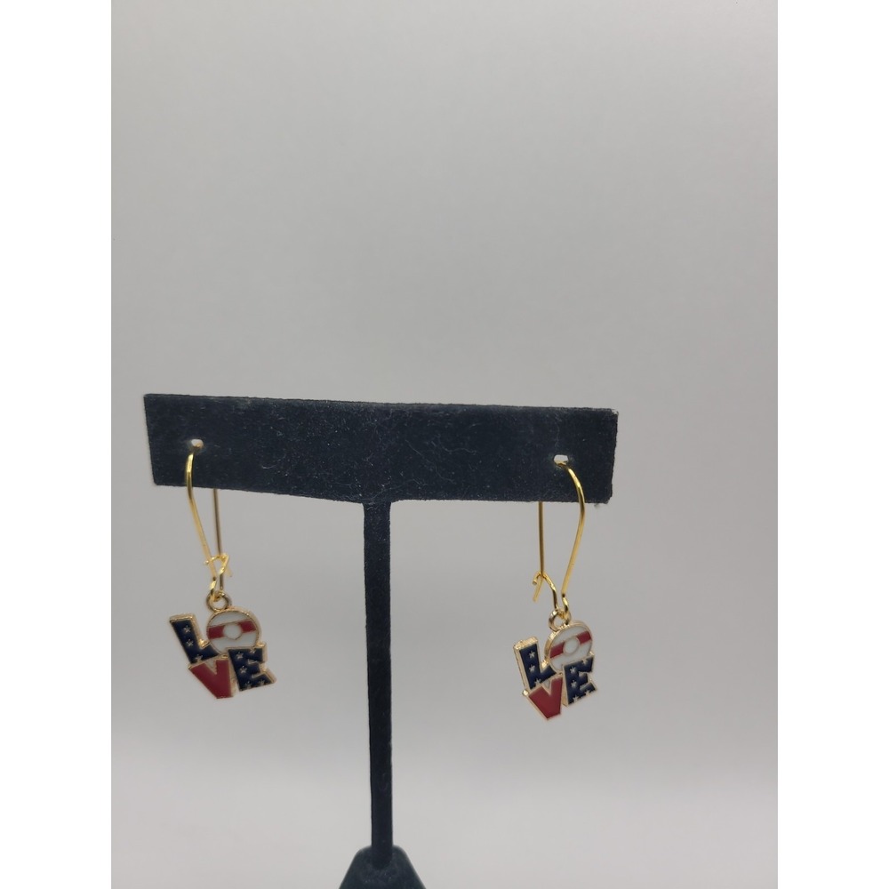Patriotic LOVE Red White Blue Enamel Dangle Earrings Gold Tone Wire Hooks USA